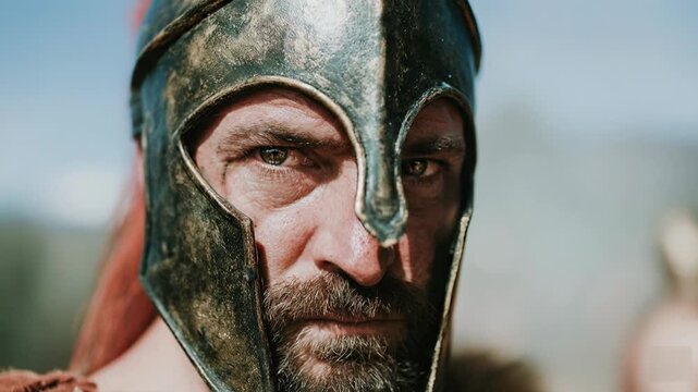 Close portrait of armored Roman soldier with weathered face and helmet showing scars experience and resilience shaped by harsh realities of ancient warfare with timeless character