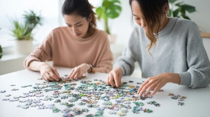 Fototapeta premium Two women assembling a jigsaw puzzle on a table surrounded by indoor plants and natural light in a bright, modern living space