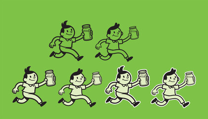 Fototapeta premium A collection of retro style cartoon boy characters running while holding a glass jar of milk