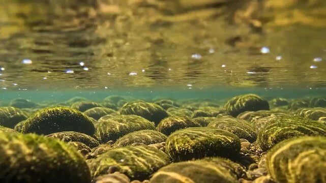 Underwater view of a clear riverbed with smooth stones and gentle ripples