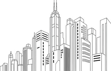 Obraz premium Outline drawing depicting a dense metropolitan skyline featuring numerous towering skyscrapers against a white.