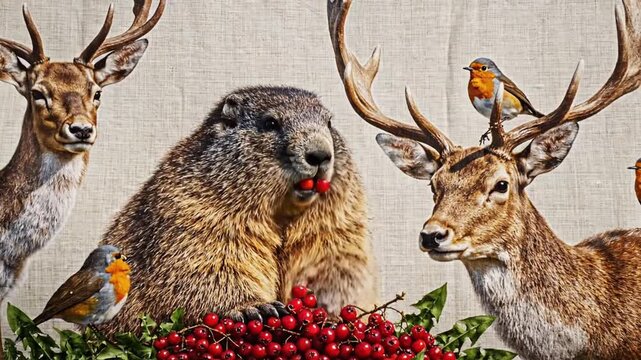 Charming video of deer, groundhog and birds enjoying rowan berries in a vibrant dandelion field