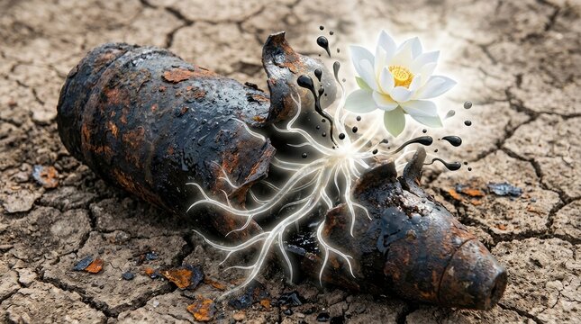 White lotus flower blooming from rusty military shell casing on cracked earth symbol of peace
