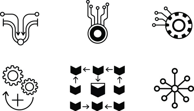 Six distinct technology icons depict data flow, processing gears, connectivity, and centralized system structures.