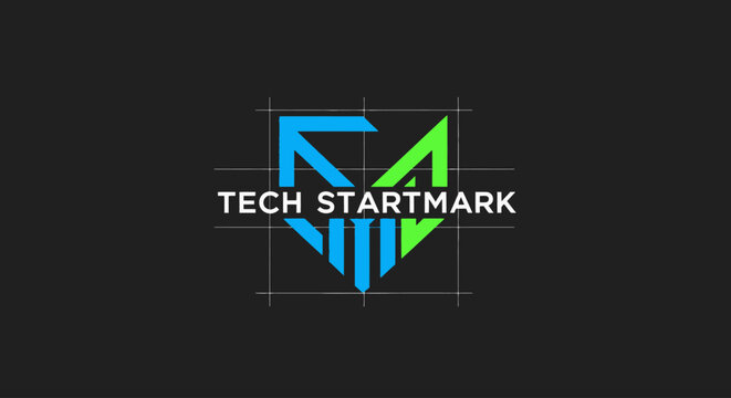 A futuristic green and blue logo with geometric shapes emerges on a dark background in a technological environment.