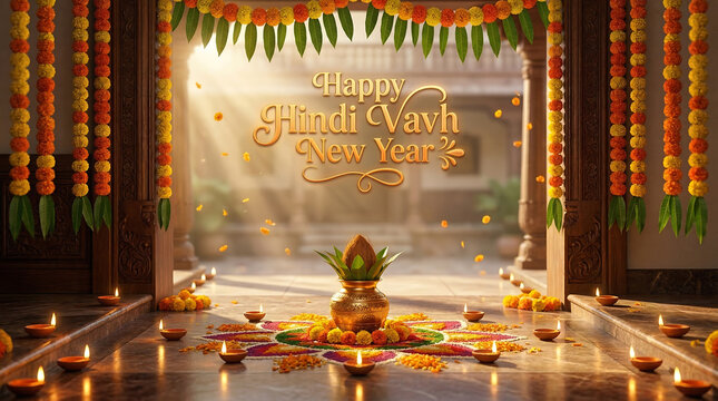 Happy hindu vash new year celebration with traditional decorations and lighting