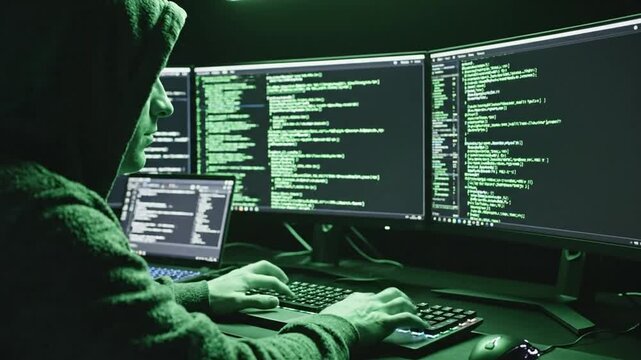Anonymous hacker coding malware on multiple computer screens in a dark room cyber security concept
