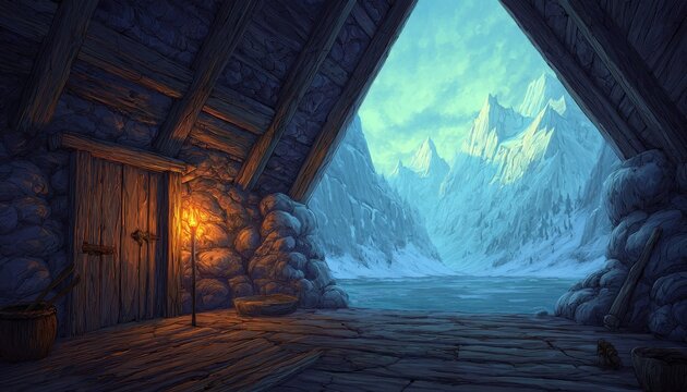 Interior de abrigo viking r&uacute;stico com tocha iluminando paredes de pedra e vista panor&acirc;mica para picos nevados e fiorde sob c&eacute;u de inverno.
