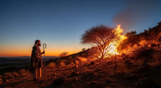Biblical prophet man with wooden staff watching burning bush on mountain side. Religious scene depicting ancient encounter with divine presence. Spiritual history and faith concept.