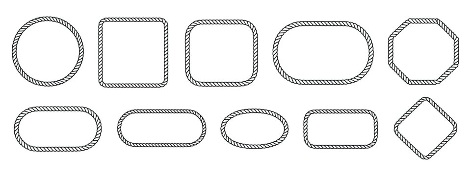 Rope frames, versatile collection of geometric border shapes such as round, oval, and square, isolated vector elements on white background