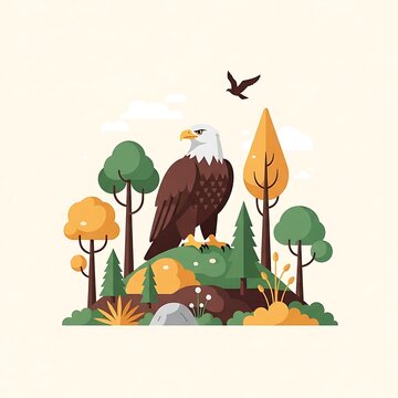 A stylized illustration depicting an eagle perched on a hilltop, surrounded by trees and foliage, with a bird in flight