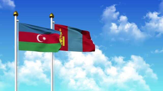 Waving flags of AZERBAIJAN and MONGOLIA on pole included with alpha