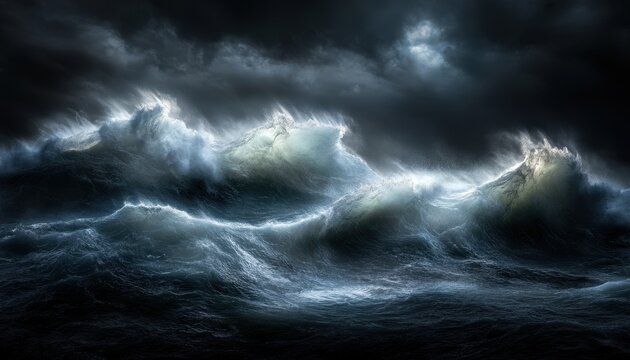 Ondas gigantescas quebrando em um oceano tempestuoso sob um c&eacute;u noturno carregado de nuvens escuras e dram&aacute;ticas durante uma tempestade mar&iacute;tima.