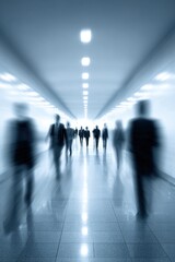 Fototapeta premium Blurred silhouettes of business people walking through a modern corridor with bright overhead lights
