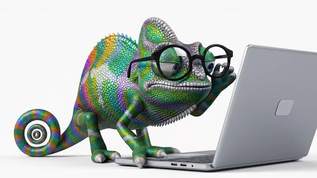 Animated chameleon wearing glasses using a laptop, depicting remote work and digital lifestyle in