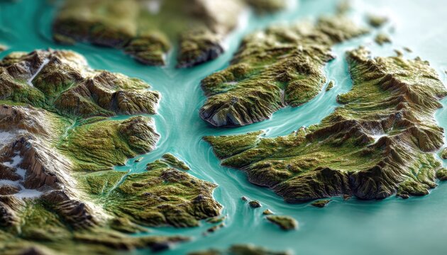 Vista a&eacute;rea de um modelo tridimensional detalhado representando ilhas montanhosas cercadas por &aacute;guas azul-turquesa em um cen&aacute;rio geogr&aacute;fico.