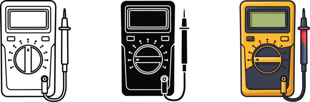 Vector graphic illustration of multimeters in different styles on white background