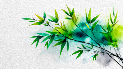 Obraz premium A watercolor background featuring bamboo leaves in shades of green and blue. The leaves are delicately arranged against a textured white backdrop.