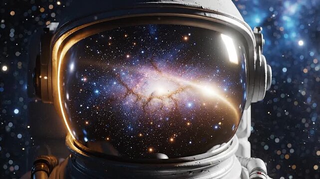 Astronaut helmet reflecting vibrant galaxy with swirling stars and cosmic elements, showcasing the vastness of space in a stunning visual display