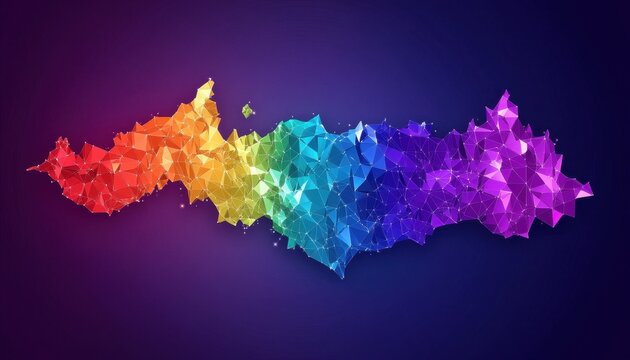 Estrutura geom&eacute;trica abstrata em estilo low poly com gradiente de cores do arco-&iacute;ris vibrantes sobre fundo azul escuro para projetos criativos.