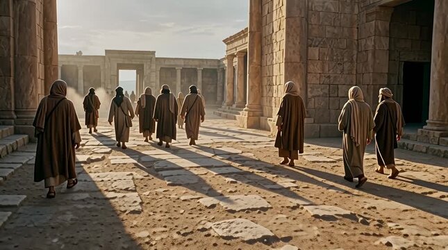 Crowd of scribes and Pharisees dispersing one by one from the temple area