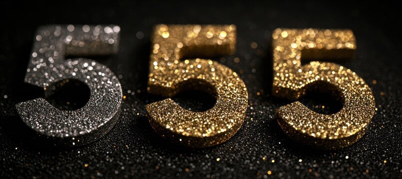 Glittering numbers 555 in silver and gold on a dark background with sparkling details