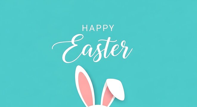 A festive happy easter greeting card design featuring cute bunny ears on a soft turquoise background