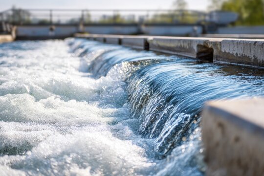 Flowing water over concrete weir in water treatment facility under clear blue sky