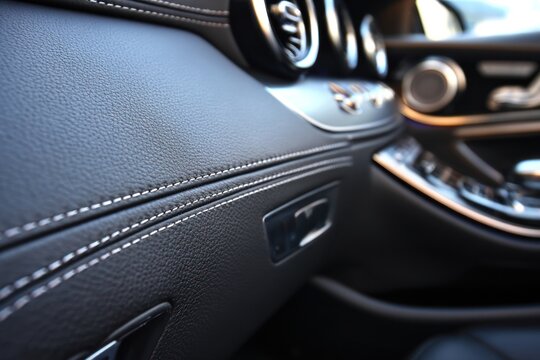 Close-up view of luxury car interior dashboard with leather finish and control buttons