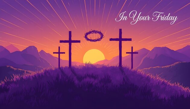 Easter christian crosses on a hill at sunset with a crown of thorns, symbolizing good friday