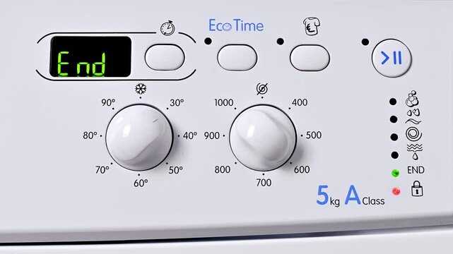Front view of the control panel of a modern washing machine white color.