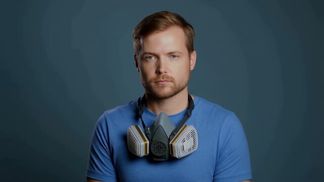 Man with respirator mask around neck, protective gear for work safety and health, breathing apparatus, neck.