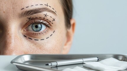 Close-up of a woman's eye with surgical markings for cosmetic eyelid surgery