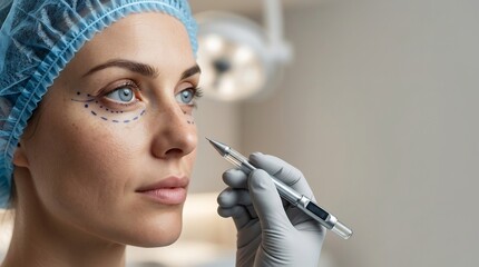 Cosmetic surgeon marks patient's face for aesthetic surgery procedure with pen