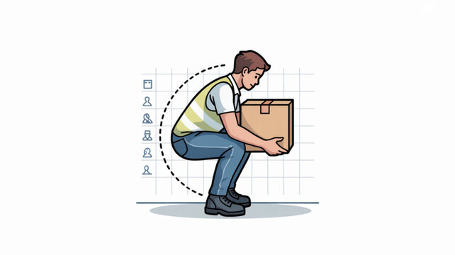 Man lifting a heavy box with correct posture illustration of safe lifting technique for warehouse and logistics isolated on white background
