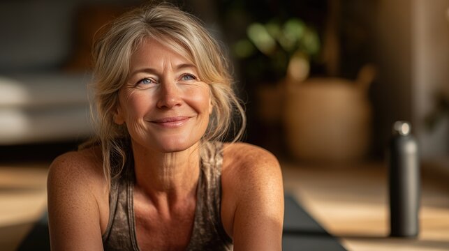 Active Longevity: A Mature Woman in Her 50s Doing Basic Gymnastics and Stretching Exercises in a Bright Home Interior