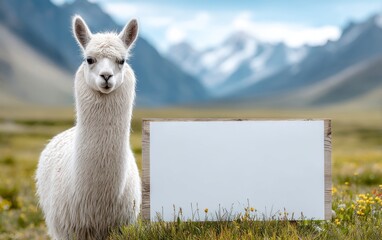 Fototapeta premium Fluffy Alpaca Standing Next to Blank Sign in Nature