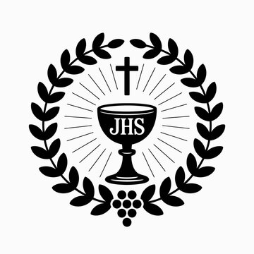 A black emblem features a chalice with the letters JHS inside, topped with a small cross.