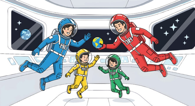 Astronauts floating in zero gravity space station with Earth