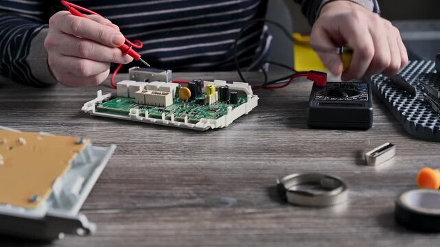 A service engineer diagnoses and repairs the washing machine control module in his workshop.