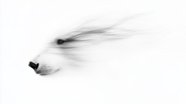 Cabe&ccedil;a de urso polar abstrata com efeito de fuma&ccedil;a e linhas fluidas em fundo branco, representando a velocidade e a fragilidade da vida selvagem.