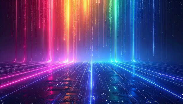 虹色ネオン光ラインの抽象テクノロジー背景
Abstract technology background with rainbow neon light lines