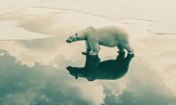 Urso polar solit&aacute;rio caminha sobre o gelo derretendo no &Aacute;rtico com um reflexo espelhado na &aacute;gua, representando os desafios das mudan&ccedil;as clim&aacute;ticas.