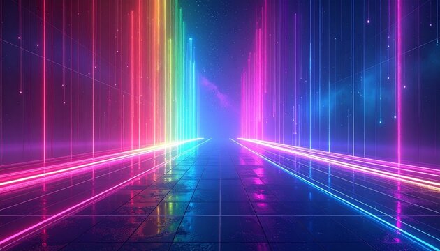 虹色ネオン光ラインの抽象テクノロジー背景
Abstract technology background with rainbow neon light lines