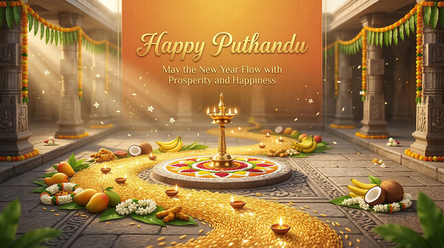 Puthandu celebration with traditional indian decorations and lamp on stone floor in temple