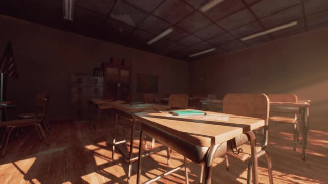 An old abandoned school classroom features disused wooden desks and faded supplies. Soft sunlight filters through dusty windows, highlighting the forgotten learning environment.