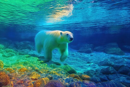 Urso polar nadando sob as &aacute;guas cristalinas do oceano &aacute;rtico com reflexos coloridos na superf&iacute;cie e pedras no fundo do mar profundo.