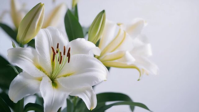 Close-up of delicate white lilies in bloom, with buds, and dark stamen