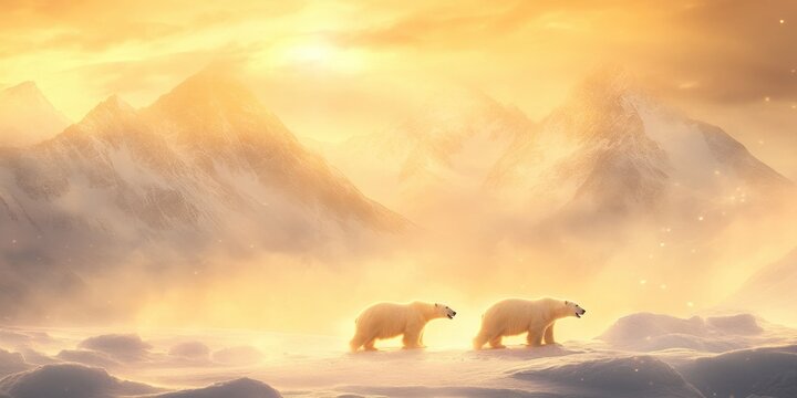 Dois ursos polares caminhando majestosamente em uma paisagem &aacute;rtica coberta de neve sob a luz dourada do p&ocirc;r do sol nas montanhas geladas.