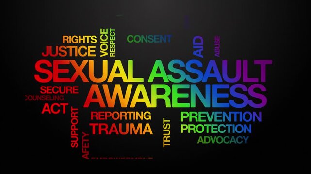 Sexual assault awareness concept Animated Tag Word Cloud kinetic typography, Text Design Animation typography seamless loop video motion graphics Intro Wordart arrangement rainbow type on black backdr